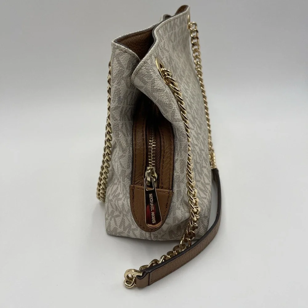 Michael Kors Jet Set Travel Beige Signature MK Logo Chain Shoulder‎ Tote Bag - Picture 4 of 16